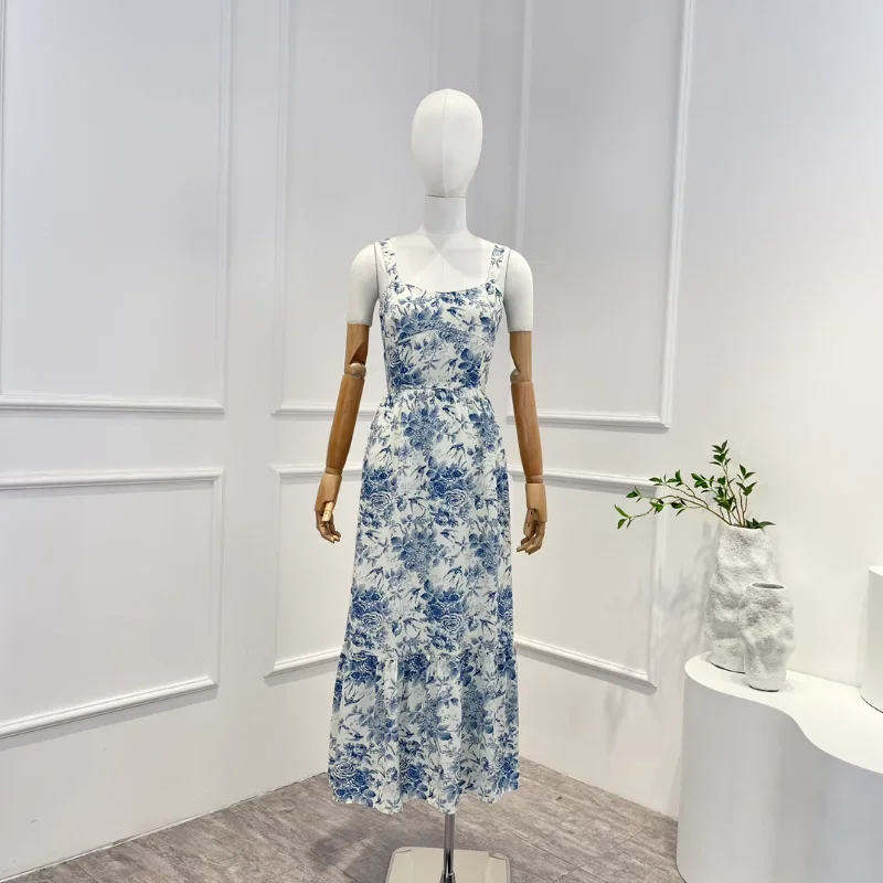 2024 Top Quality New Spring Summer Holiday Style Sky Blue Floral Printing Elegant Midi Tank Dresses Women