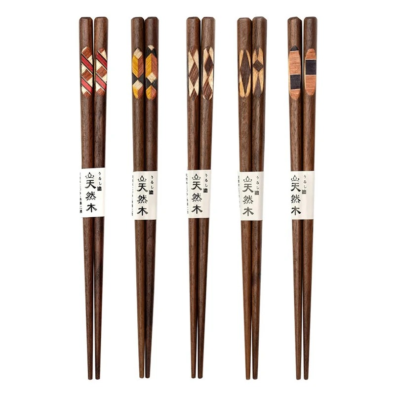 5 Pairs Walnut Wood Chopsticks Japanese Sushi Sticks Unique Patchwork Chinese Korean Food Chopstick Set Wooden Cutlery Tableware