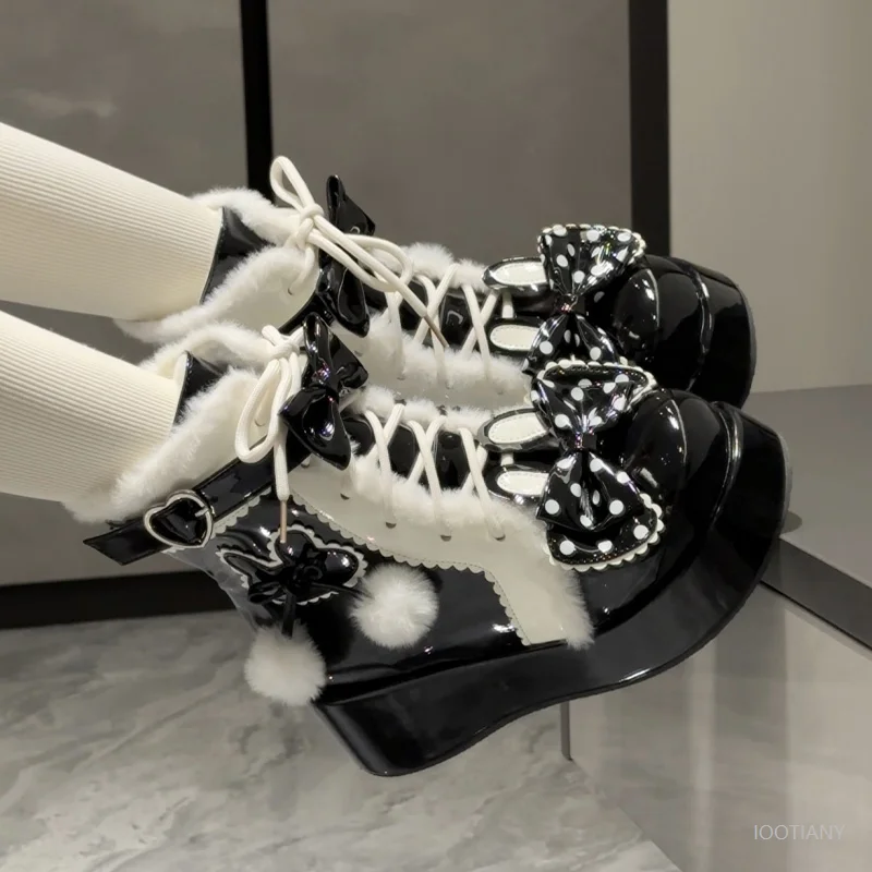 Doce lolita estilo botas de neve de inverno cosplay estudante feminino bonito pelúcia quente bolinhas coelho orelha velo-forrado sapatos plataforma 2026