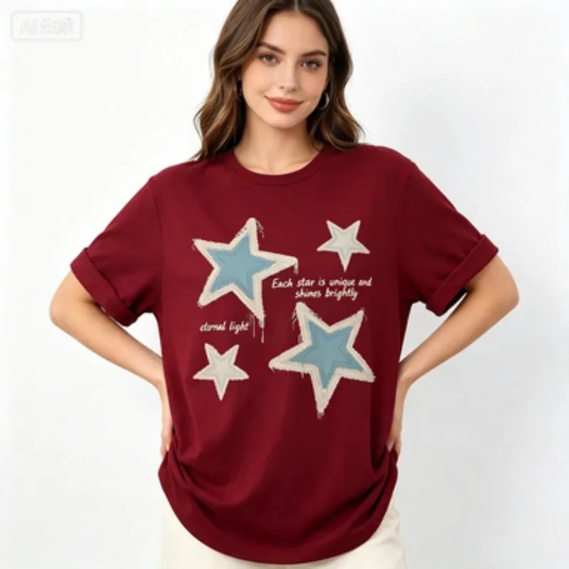Ladies  Crew Neck T Shirt Distressed Star Inspirational Text Graphic Short Sleeve Tee Casual Summer Minimalist Fashion Tops