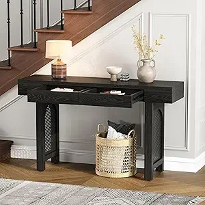 

51.9" Modern 2 Drawers Console Table with Rattan, Long Narrow Entryway Table with Drawer, Farmhouse Rattan-Sofa Tabl