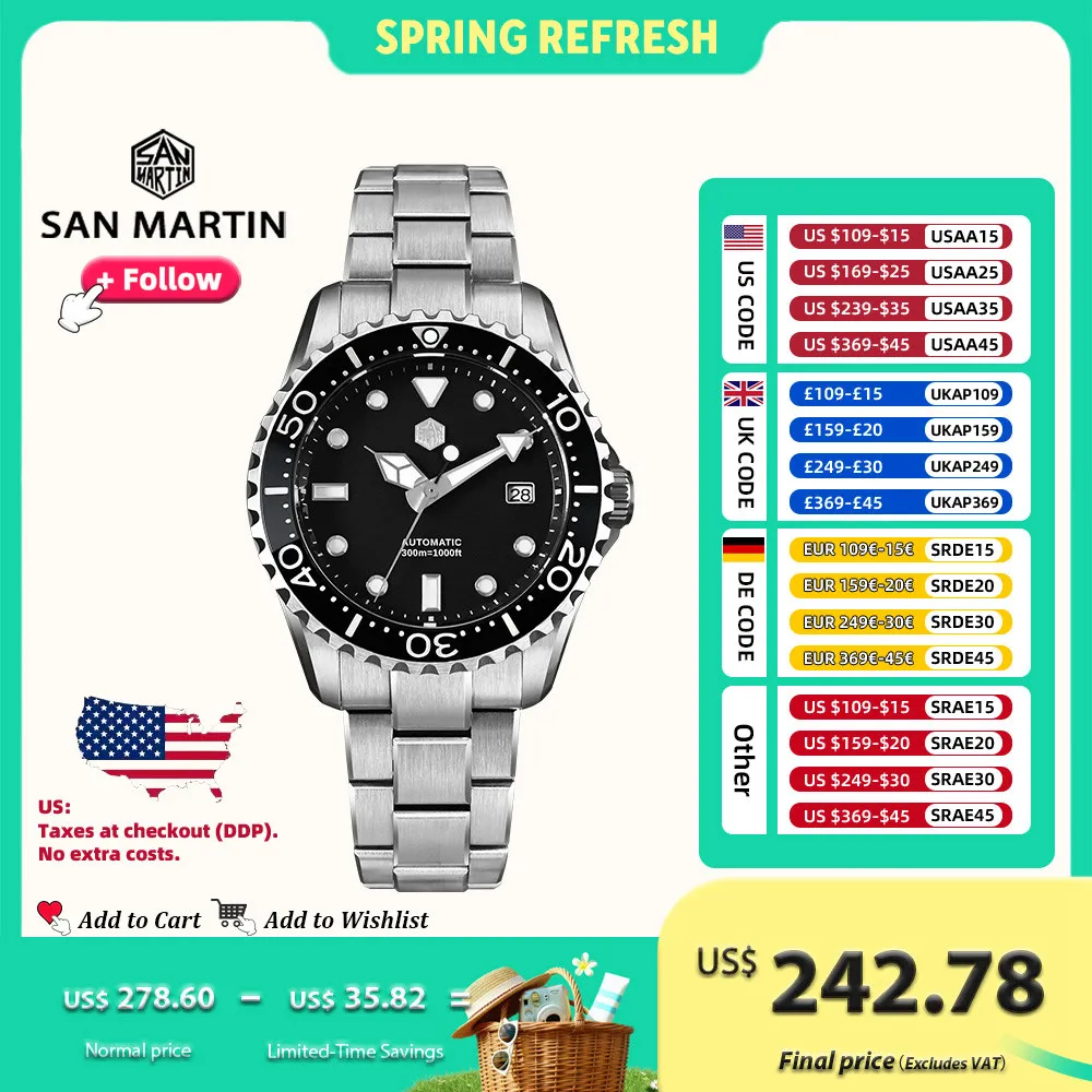 

San Martin 40mm Diver Watch YN55 Automatic Enamel Dial Sapphire Crystal 300m Water Resistance Luxury Mens Mechanical SN0009GD