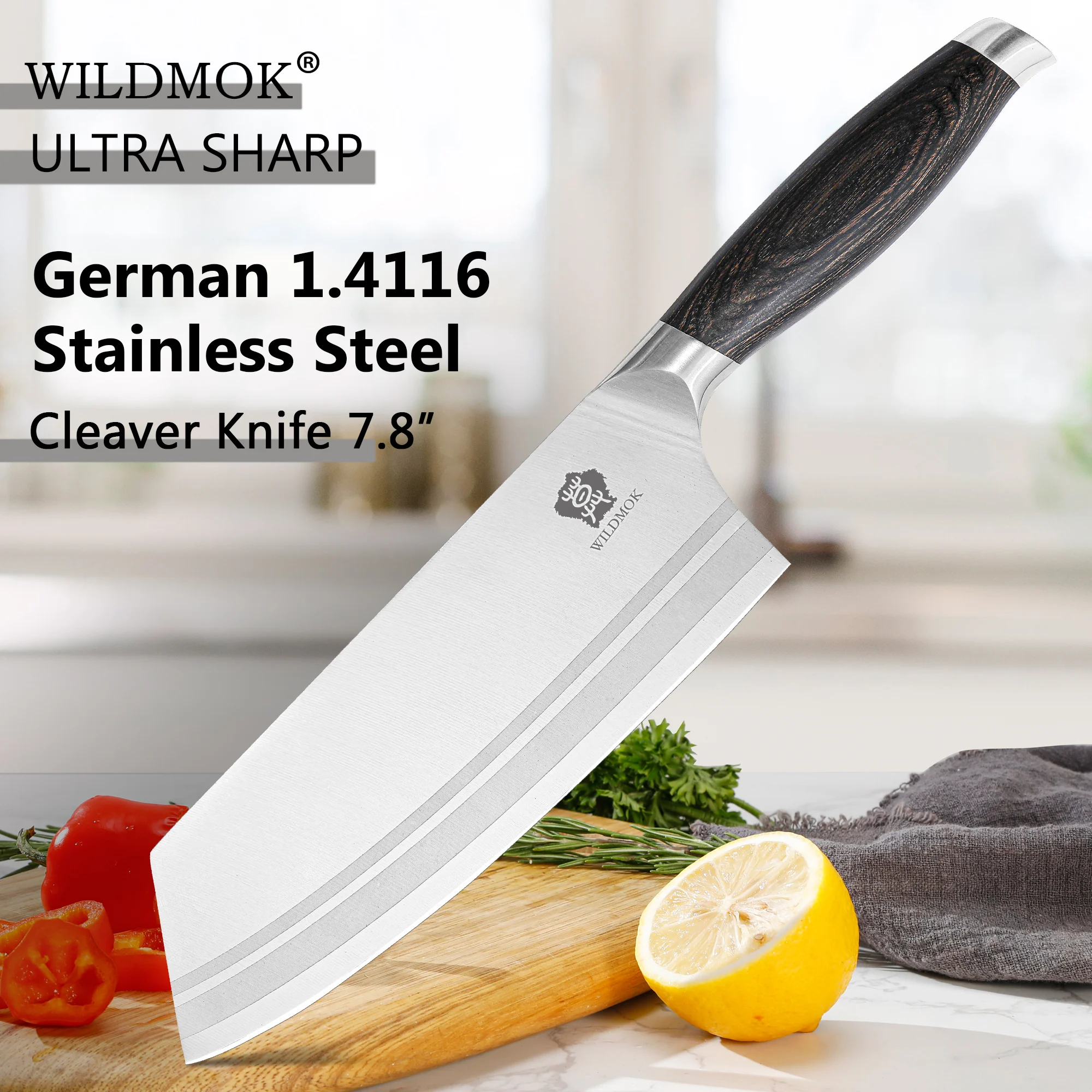 

WILDMOK 7.8 Inch German Steel Kitchen Cleaver Nakiri Knives with Ergonomic Pakkawood Handle