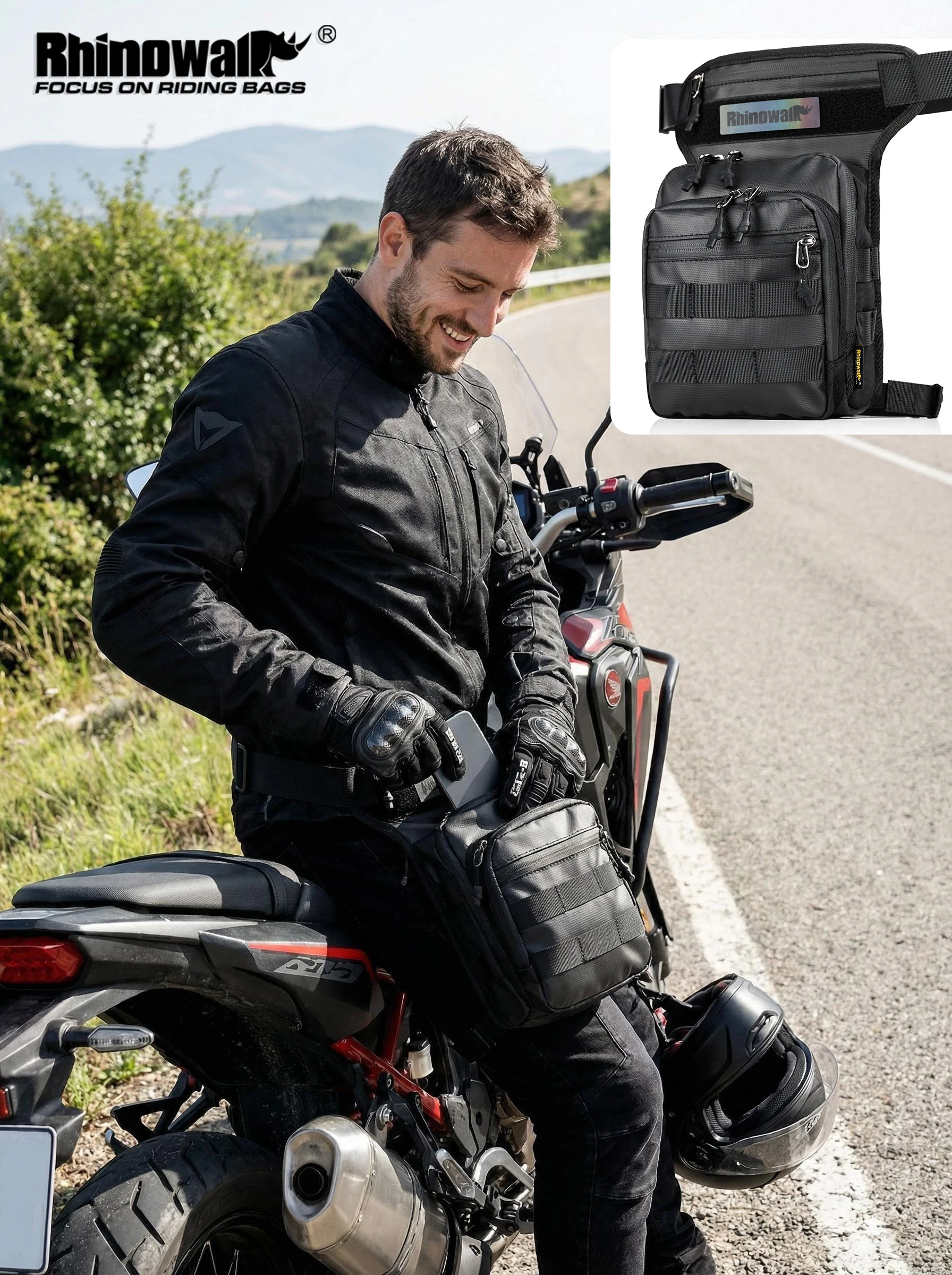 Rhinowalk Motorcycle Leg Bag 3L Water Resistant  Multi Functional Riding Waist Shoulder Bag MOLLE Tactical Storage Breathable