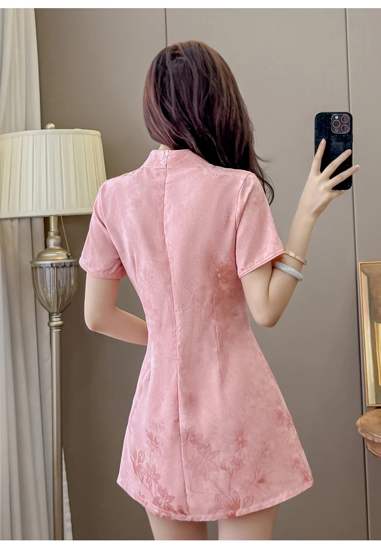2026 New Chinese Style Elastic Jacquard Embroidery Cheongsam Dress+Shorts 2 Piece Set Women Hollow Out Pink Blue Summer Outfit