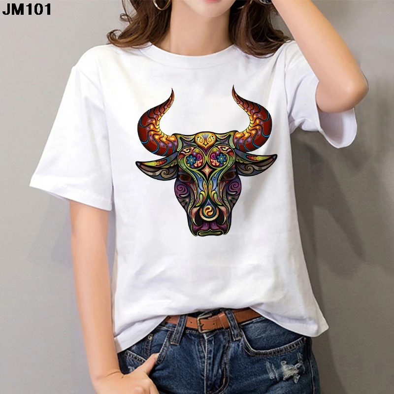 Harajuku Short Sleeve T-shirt for Women, Female Tops, Outfit with Bull Avatar Printing, White Fashion Streetwear, Casual Tops