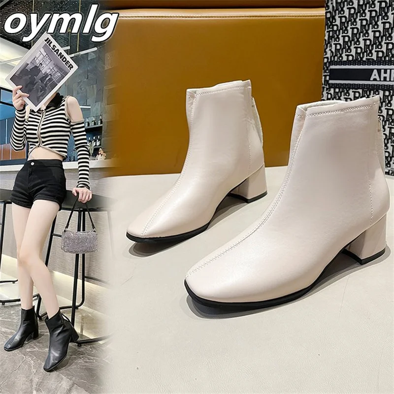 

Mid Heel Short Boots Women's 2022 Autumn/Winter New Simple and Fashionable Women's Leather Boots Square Head Square Heel Boots