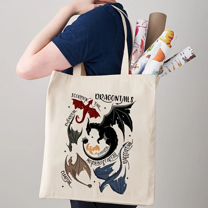 1pc Dragon Tails Pattern Canvas Tote Bag, Various Tails Graphics Women's Shopper Bag, Large Beach Bag