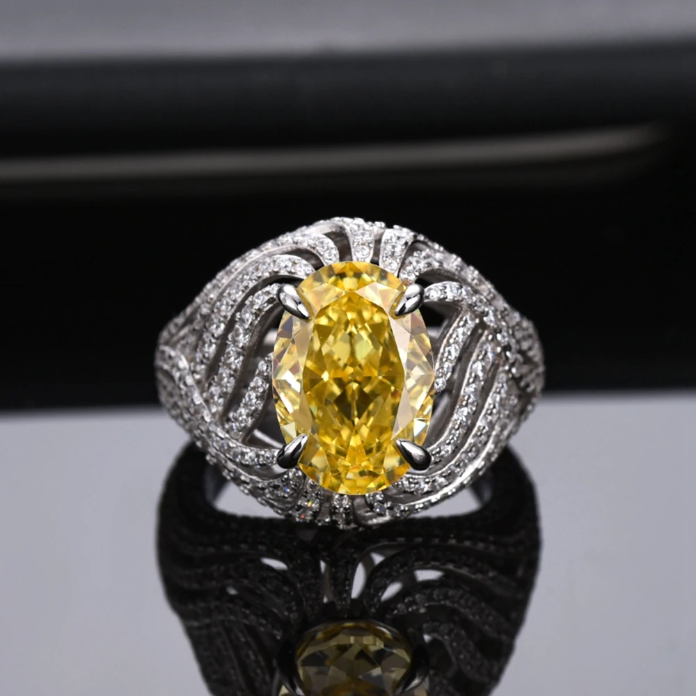 IsRabbit 18K Gold Plated 9*13MM Vivid Yellow Sapphire Diamond Cocktail Ring for Women Gift 100% 925 Sterling Silver Fine Jewelry