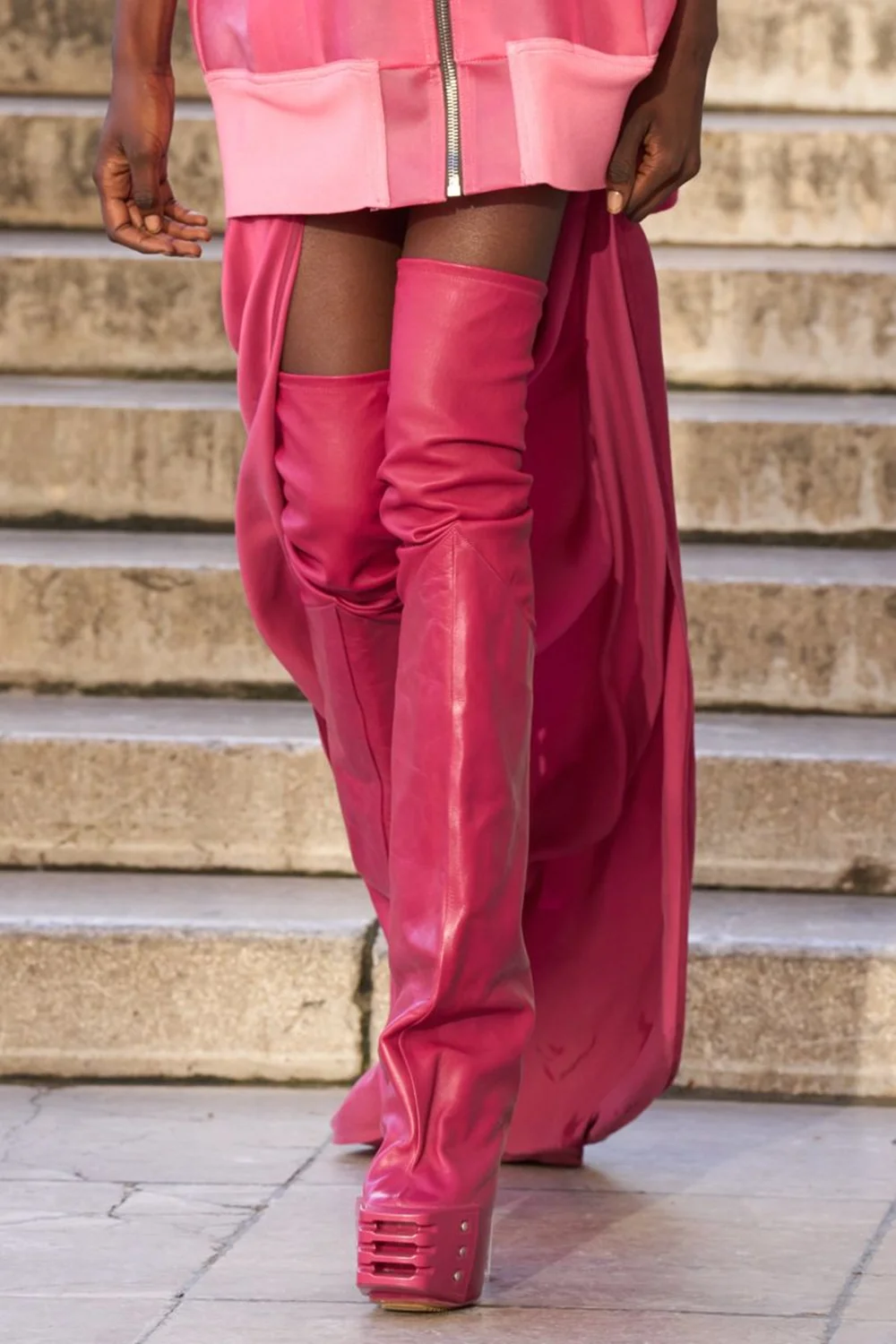 Fashion Runway Style Square Toe Clear Transparent Block High Heel Tall Boots Metal Rivet Decor Slouchy Platform Boots
