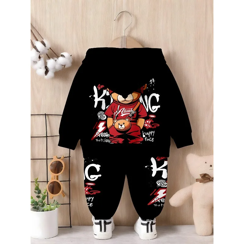 Little Boys 2 Piece Hoodie Jogger Tracksuit, Street Graffiti Bear, Cool Santa Snow Print, Monogram Splice Casual Outfit