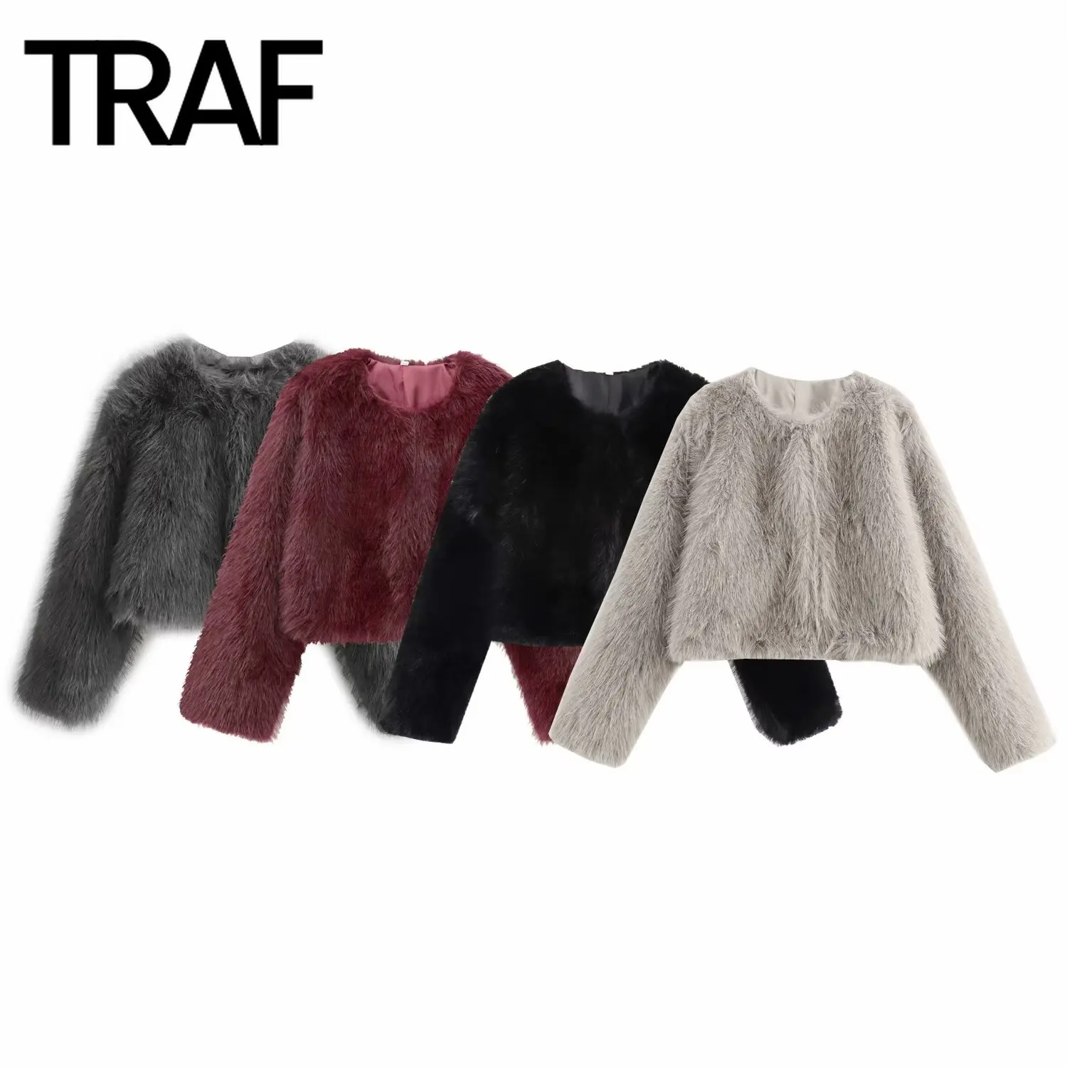 TRAF Women Fashion Winter New 2024 Solid Artificial Fur Effect Jacket Long Sleeved Round Neck Short Coats Chic Ladies Tops