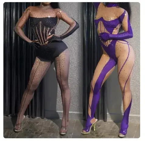 

Stretch Rhinestones Jumpsuit Singer Drag Queen Bodysuit Nightclub Bar Pole Dance Clothes Gogo Dancer Costume