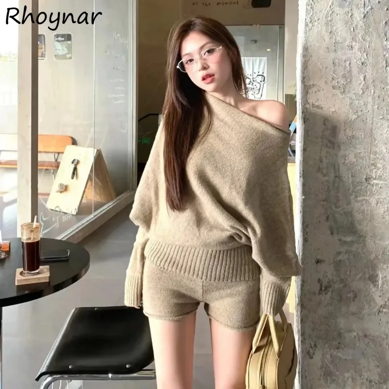 Sweater Sets Women Off Shoulder Pullovers Design Loose Fit High Waist Slimming Shorts All-match Casual Korean Style Knitted Chic