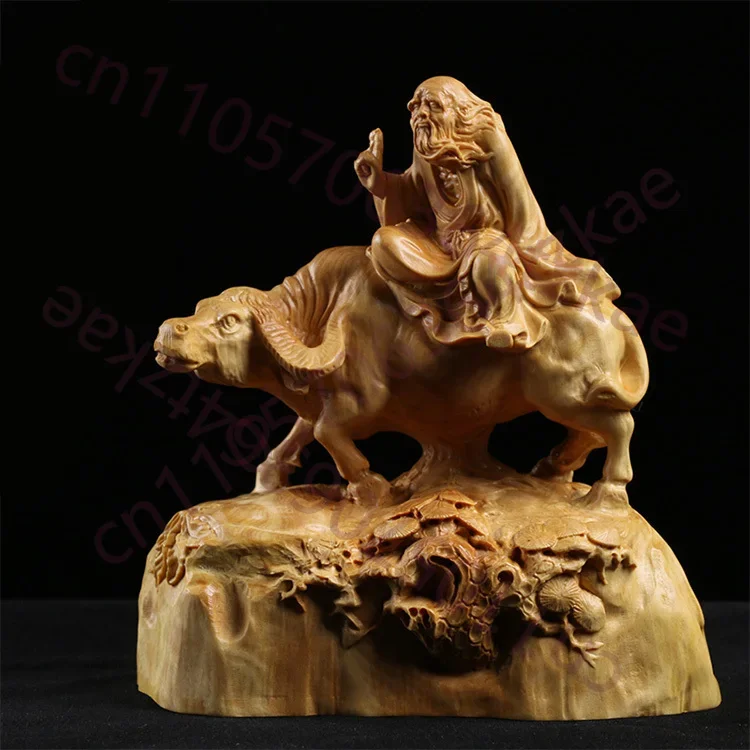 Hand Carved Wooden Lao Tzu Riding Ox Statue Figurine - Taoist Wisdom Chinese Mythology Sculpture Ornament