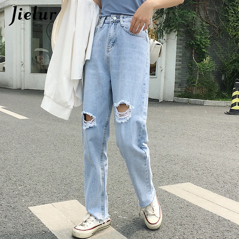 Holes Women Jeans Hipster Loose Basic High Waist Jeans Female Denim Trousers New Spodnie Damskie S-5XL Blue Jean Femme