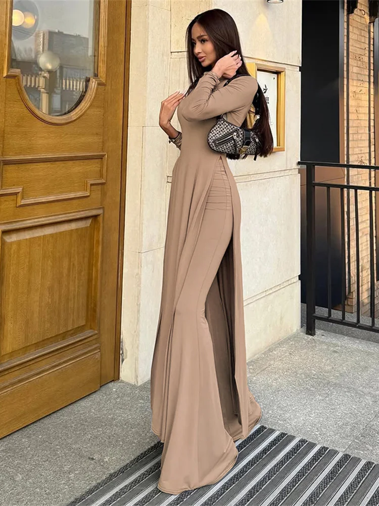 Nibber moda casual elegante set da 2 pezzi donna o-collo skinny alte spacco maxi vestito + pantaloni dritti solidi abiti semplici quotidiani