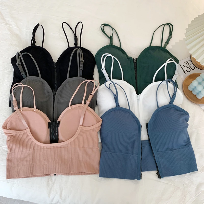 Summer Women Sexy Knit Tube Top Spaghetti Strapy Crop Tops With Bra Pad Zipper Underwear Sports Camis Casual Solid Tank Tops Y2K