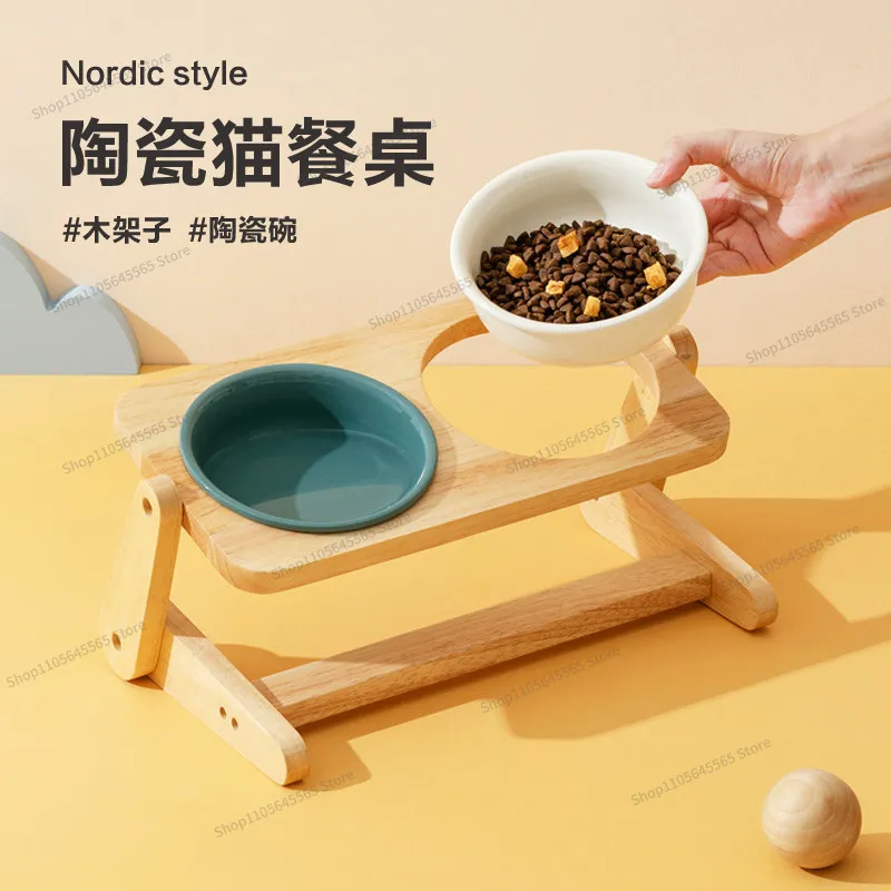 For Cat food bowl double bowl solid wood rack with adjustable height