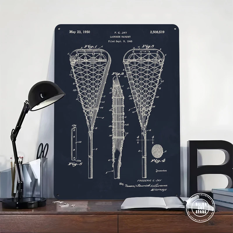 Lacrosse Racquet Patent Metal Poster Customized Wall Art Retro Vintage Tinplate Signs for Interior Accessories Home Decor Items