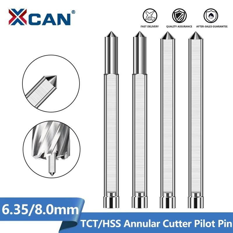 XCAN Drill Bit TCT/HSS Annular Cutter Pilot Pin 6.35mm 8mm Shank 77/90/102/127/160mm Long Pilot Pin Steel Plate Drill Tool