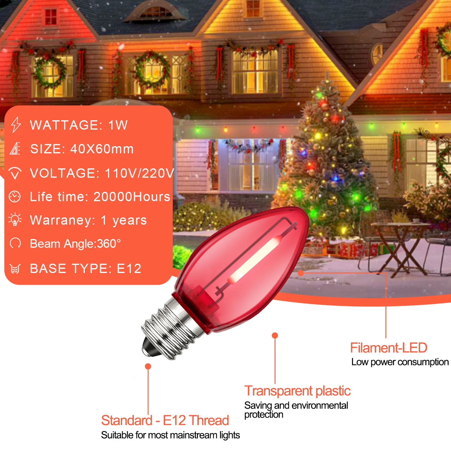 Bunte Weihnachts-Lichterkette C7, bruchsichere Ersatzlampen, 1 W, E12-Sockel, RGB, wasserdichte Girlande für Party-Gartendekoration