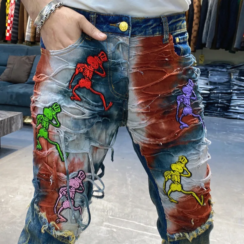 

Men Embroidered Graffiti Denim Trousers Skinny Denim Motorcycle Pants Fall Slim Fit Elastic Jean Men High Street Punk Rock Jean