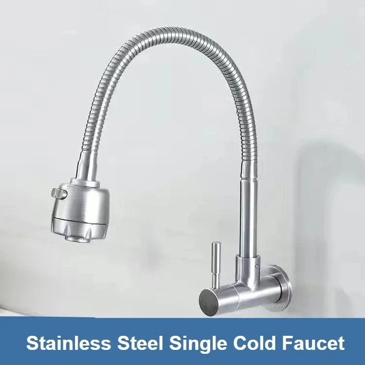 Wall Mounted Kitchen Faucet Stainless Steel Single Cold Water Tap Splash Proof Bathroom Faucets Single Handle WashBasin Faucets