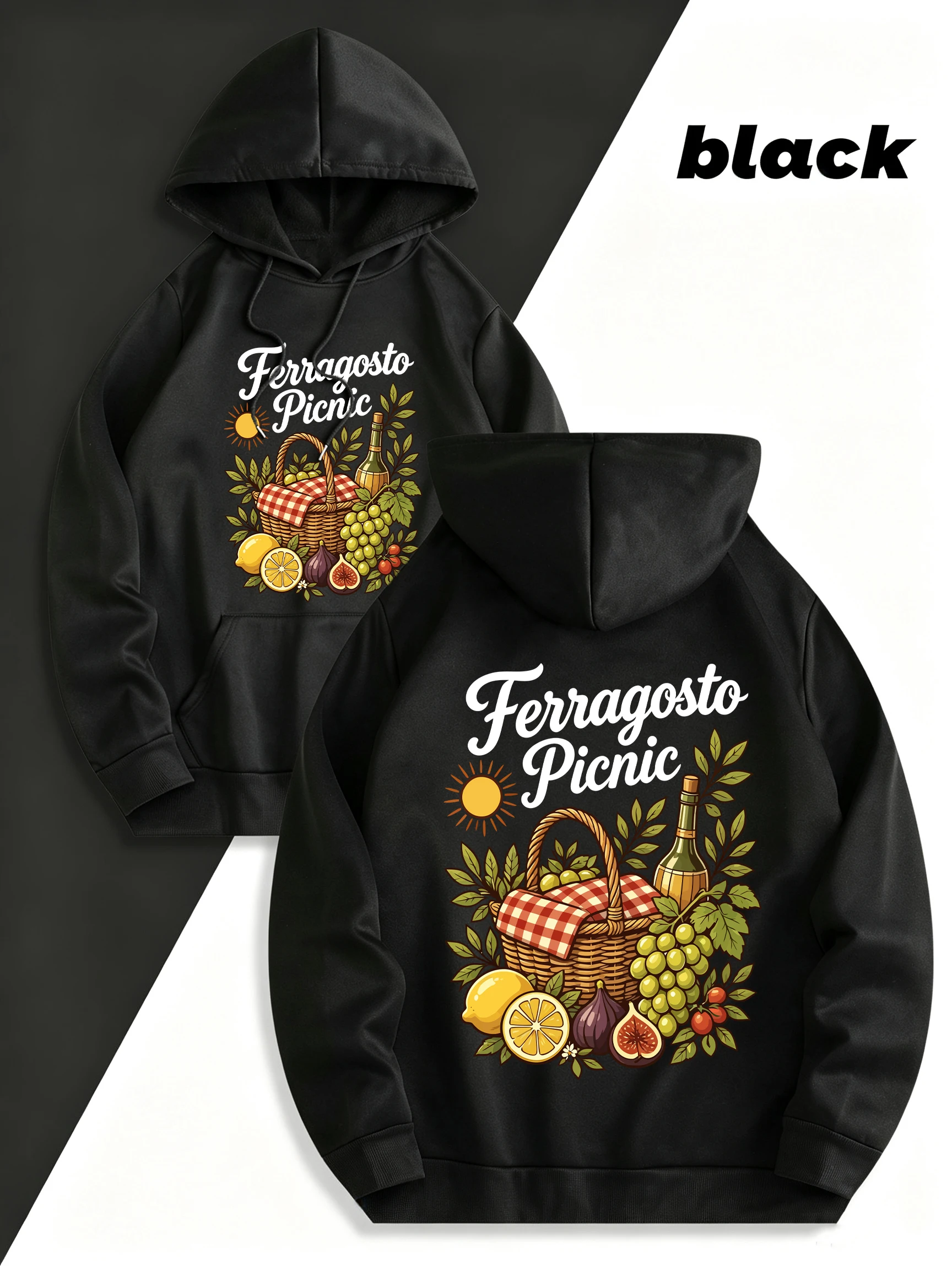 Picnic Wicker Basket Fruits Wine Sun Pattern Women'S Hoody Y2K Pocket Autumn Hoodies Casual Hoodie Unisex Fleece Loose Pullovers