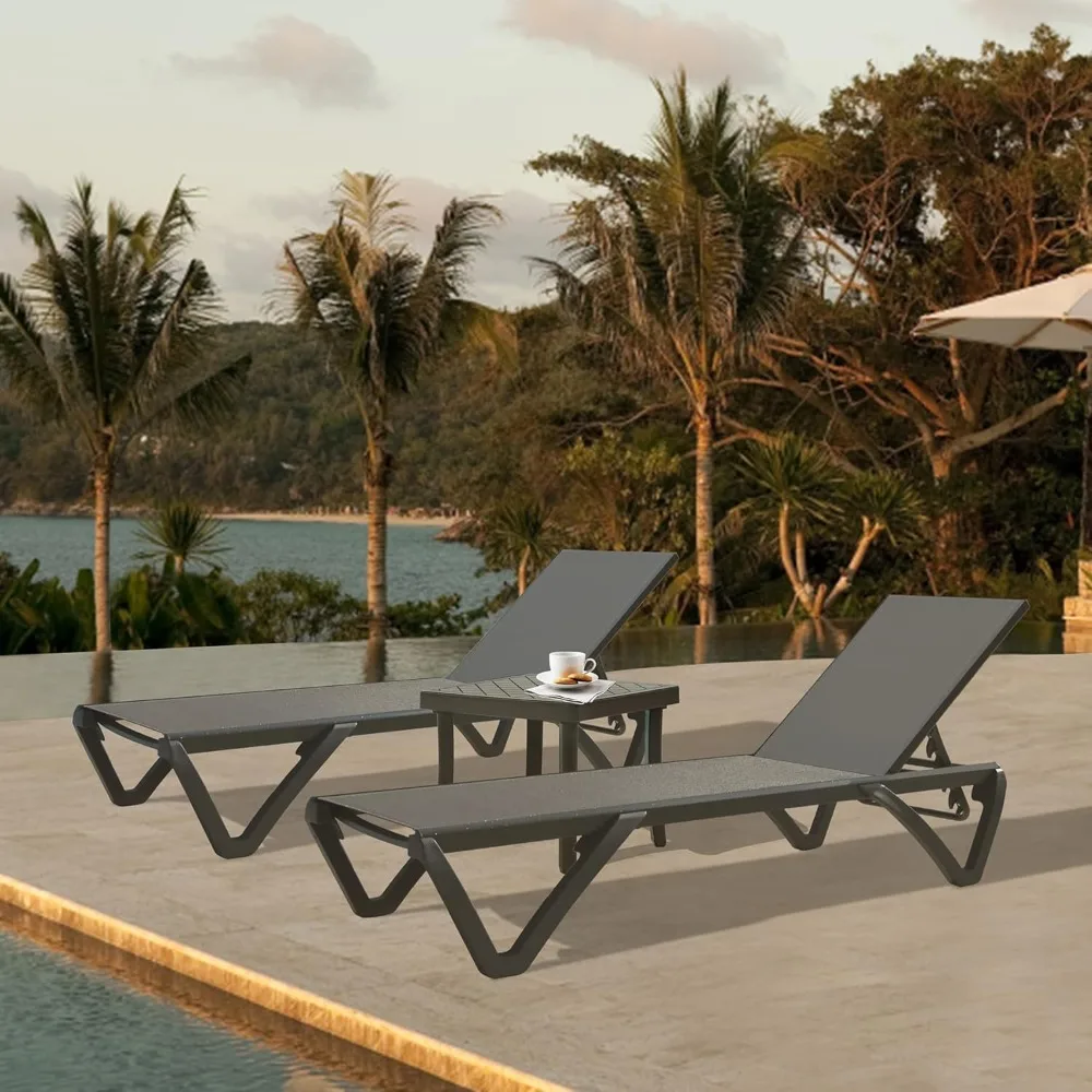 

Pool Lounge Chairs, Aluminum Patio Chaise Lounge with Side Table, 5 Position Adjustable Backrest and Wheels.