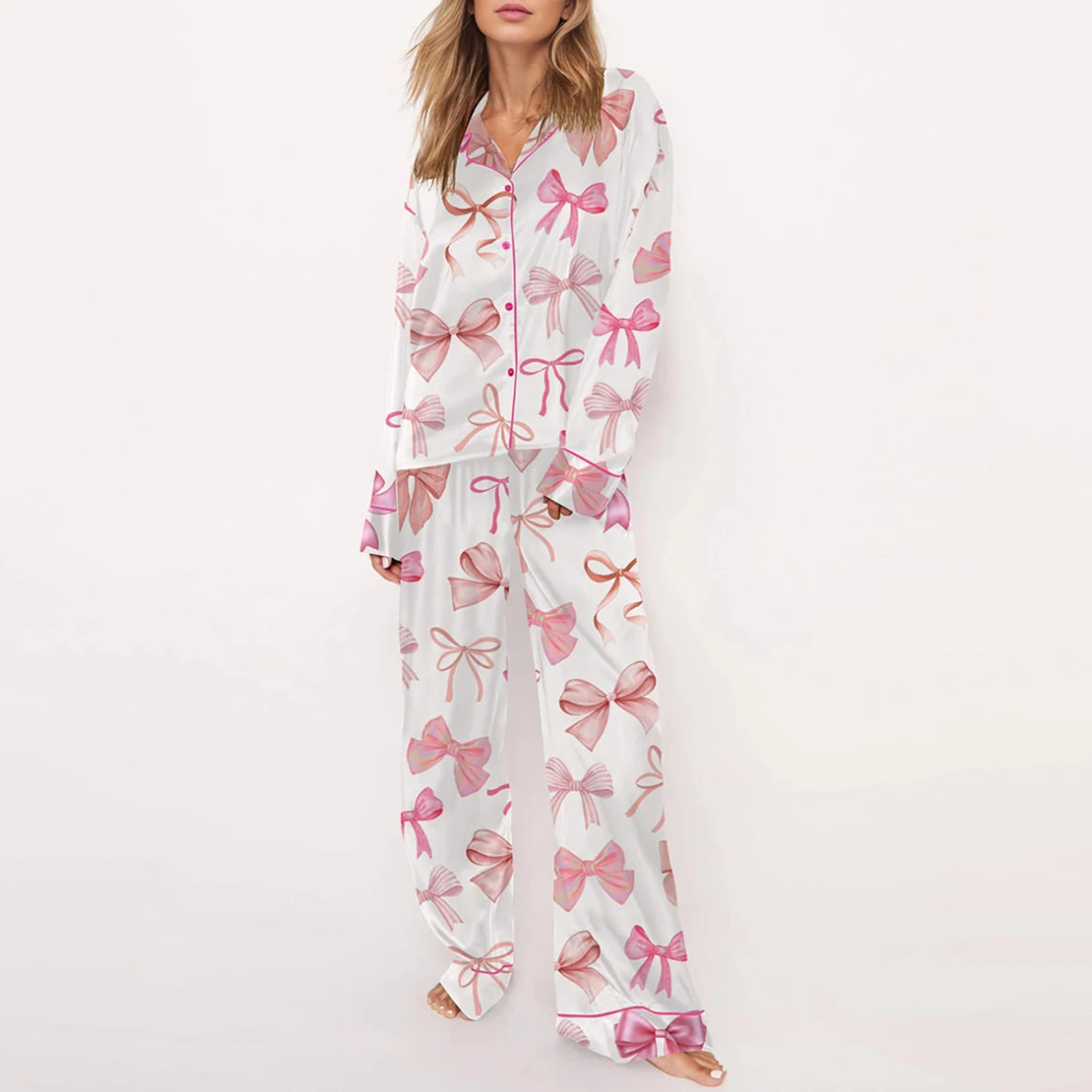 Kawaii Bow Print Pajamas Sets for Women Y2k 2 Piece Satin Pjs Button Shirts Pants Button Coquette Pajama Longewear Clothes