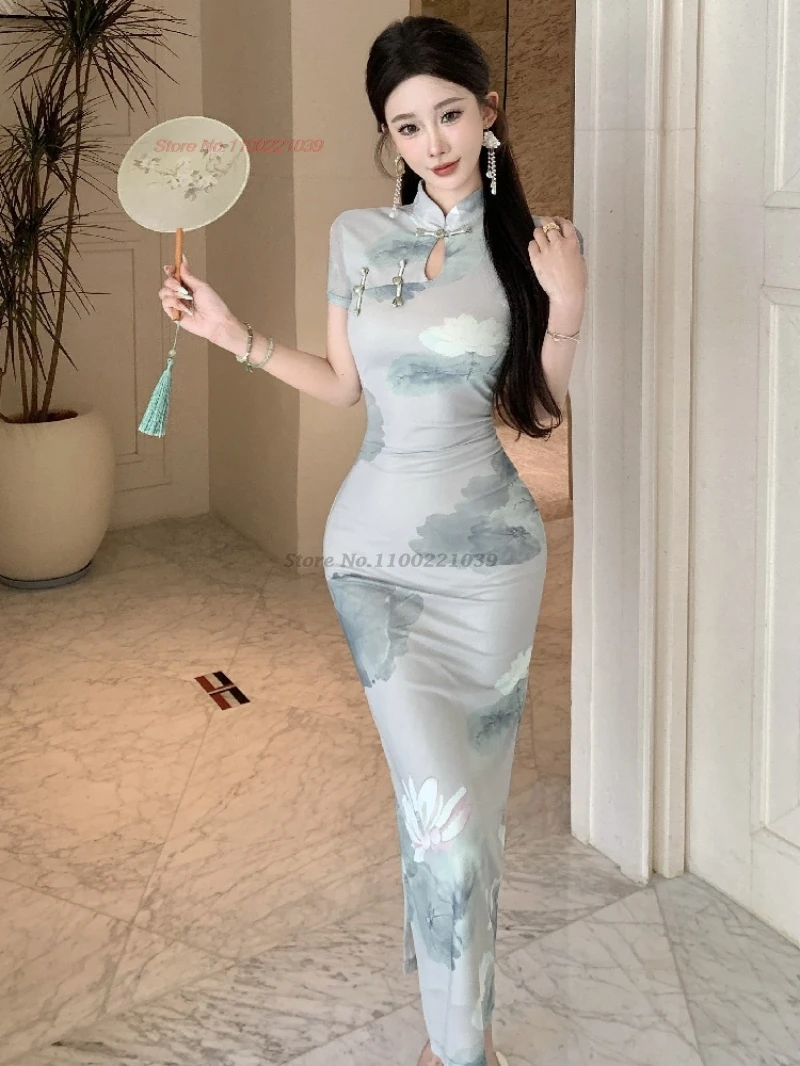 

Китайское сексуальное платье Ципао 2021, улучшенное платье Ципао, винтажное вечернее платье с цветочным принтом, традиционное платье для банкета, ночного клуба, Ципао