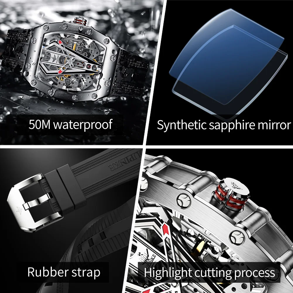 OUPINKE 3179 Automatic Watch for Men Silicone Strap Sapphire Mirror Waterproof Skeleton Mechanical Men\'s Watch Relojes Hombre