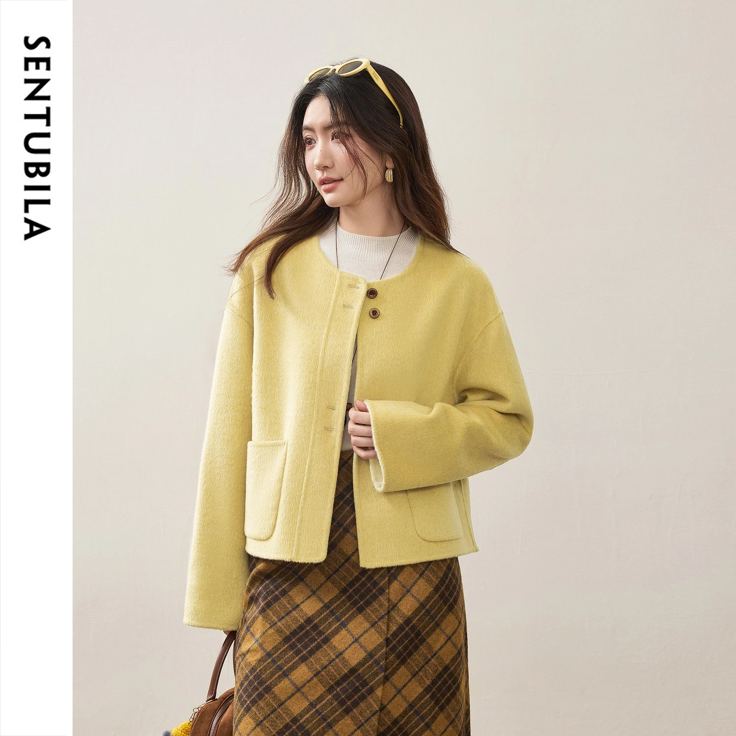 SENTUBILA Women Wool‑Blend Double‑Faced Woolen Coat New Winter Round‑Neck Roll‑up Sleeve Daliy Commuter Warm Outerwear W64OG7682