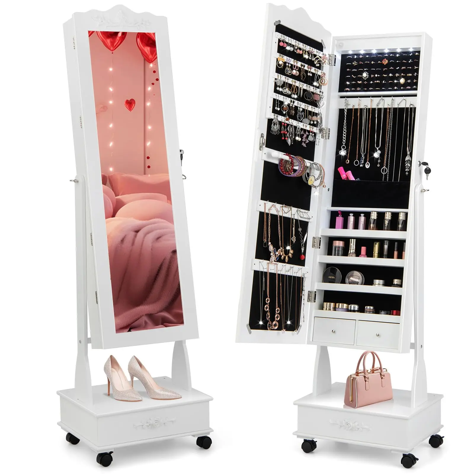 Rolling Jewelry Armoire with Full Length Mirror, Lockable Stand up Jewelry Cabinet with Lights and Wheels, Standing