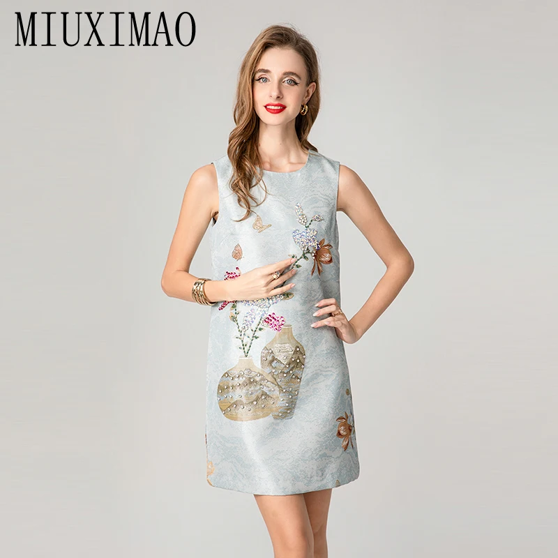 

MIUXIMAO 2025 модные осенние платья сицилийские королевские роскошные жаккардовые мини-платья трапециевидной формы с короткими бриллиантами женские платья