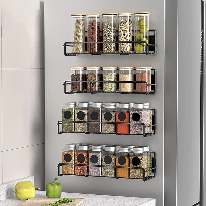 Magnetic Spice Storage Rack Black Fridge Shelves Cabinet Organizer Kitchen Accessories Refrigerator Side Shelf Outdoor Tableware