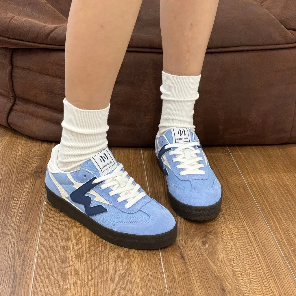 Ollieskate White Blue Color Block Suede Canvas Patchwork Fashion Unisex Skateboard Sneakers