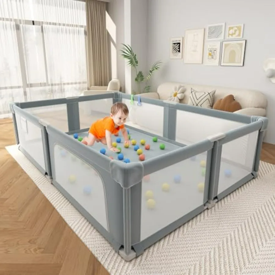 

73 x 61 Large Baby Playpen with Mat for Indoor Outdoor Use Soft Breathable Mesh Ocean Balls and Pull Links Dark Grey