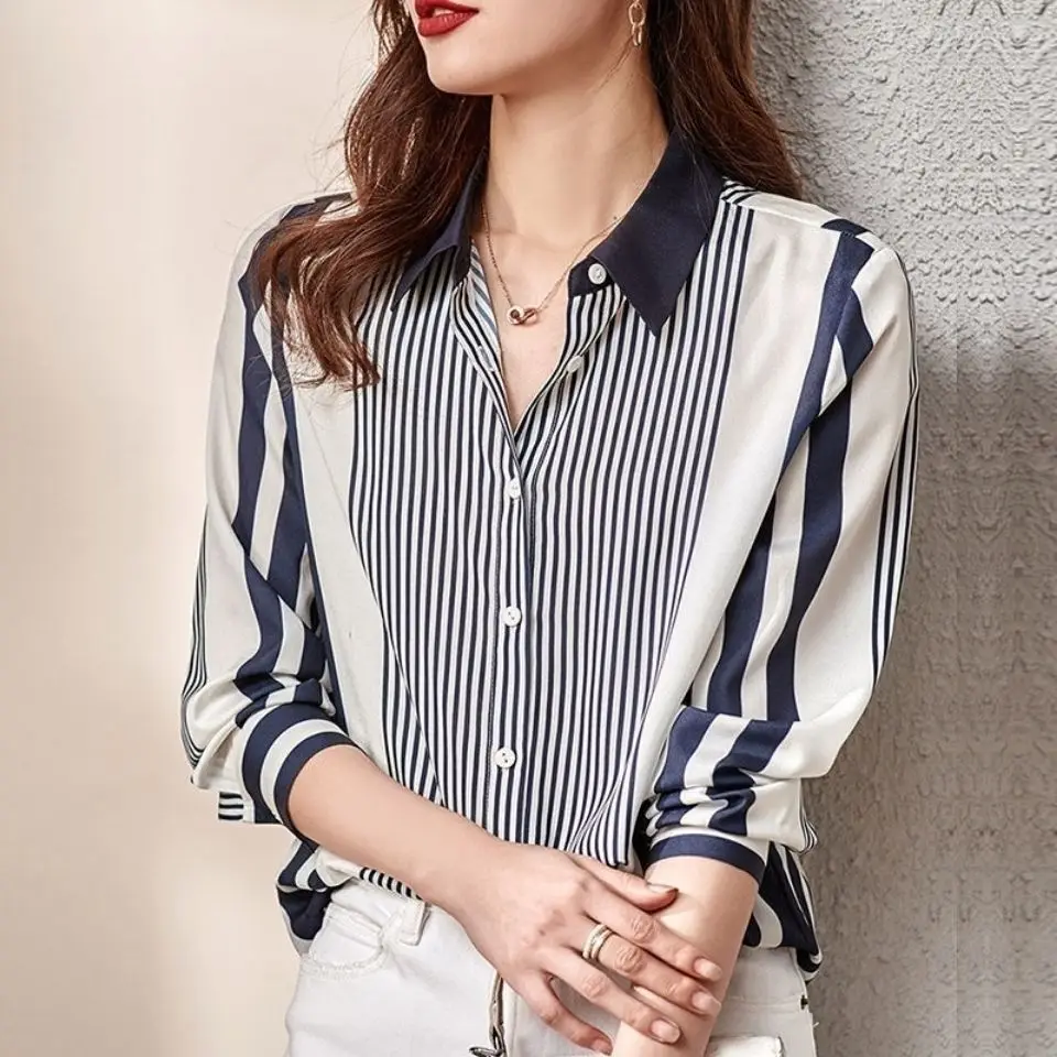 Striped Color Blocked Long Sleeved Chiffon Shirt for Women\'s Spring Autumn New Commuting Temperament Loose Versatile Shirt Top