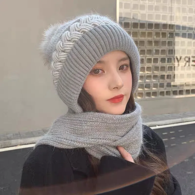 Hat Scarf All-in-one Female Winter Warm Rabbit Hair Knitted Cap Cycling Ear Protection Padded Cute Cold-proof Neck Cap