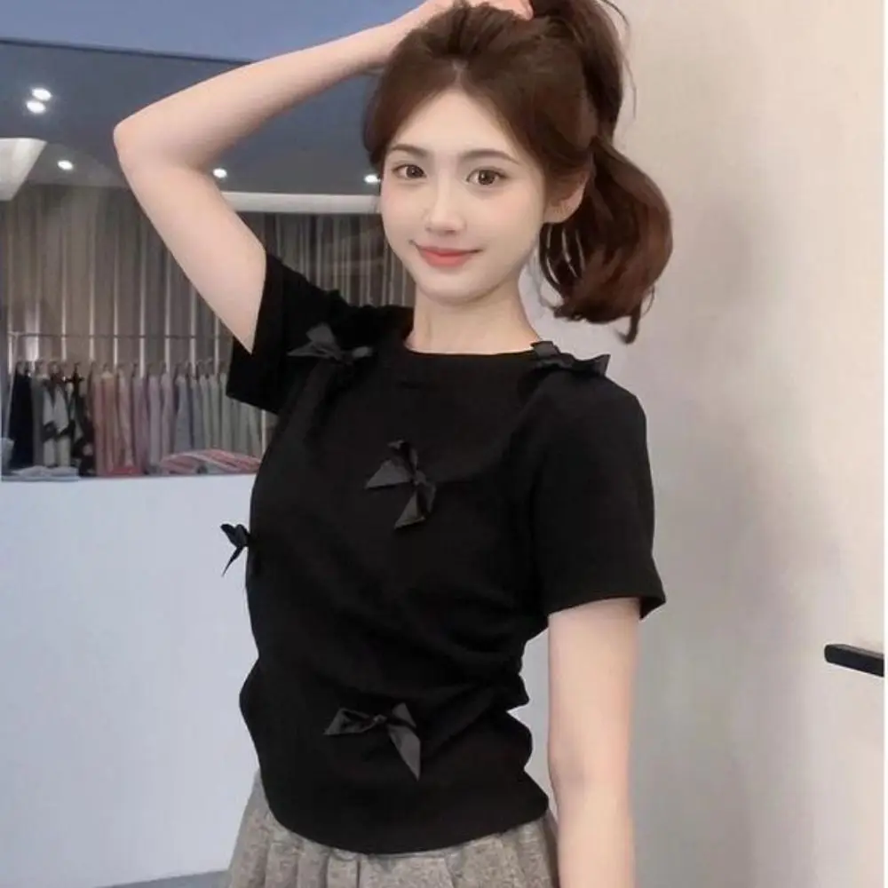 Fashion Ballet Bowknot T Shirts Japanese Style Short Sleeve Women Top Round Collar Solid Color Ribbon Crop Tank Top Women Girl