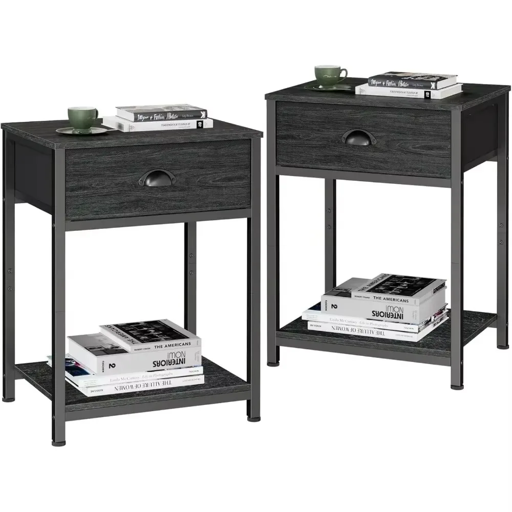

Nightstand Set of 2, Industrial End Table with Fabric Drawer & Storage Shelf, Small Bedside Table Organizer for Living Room