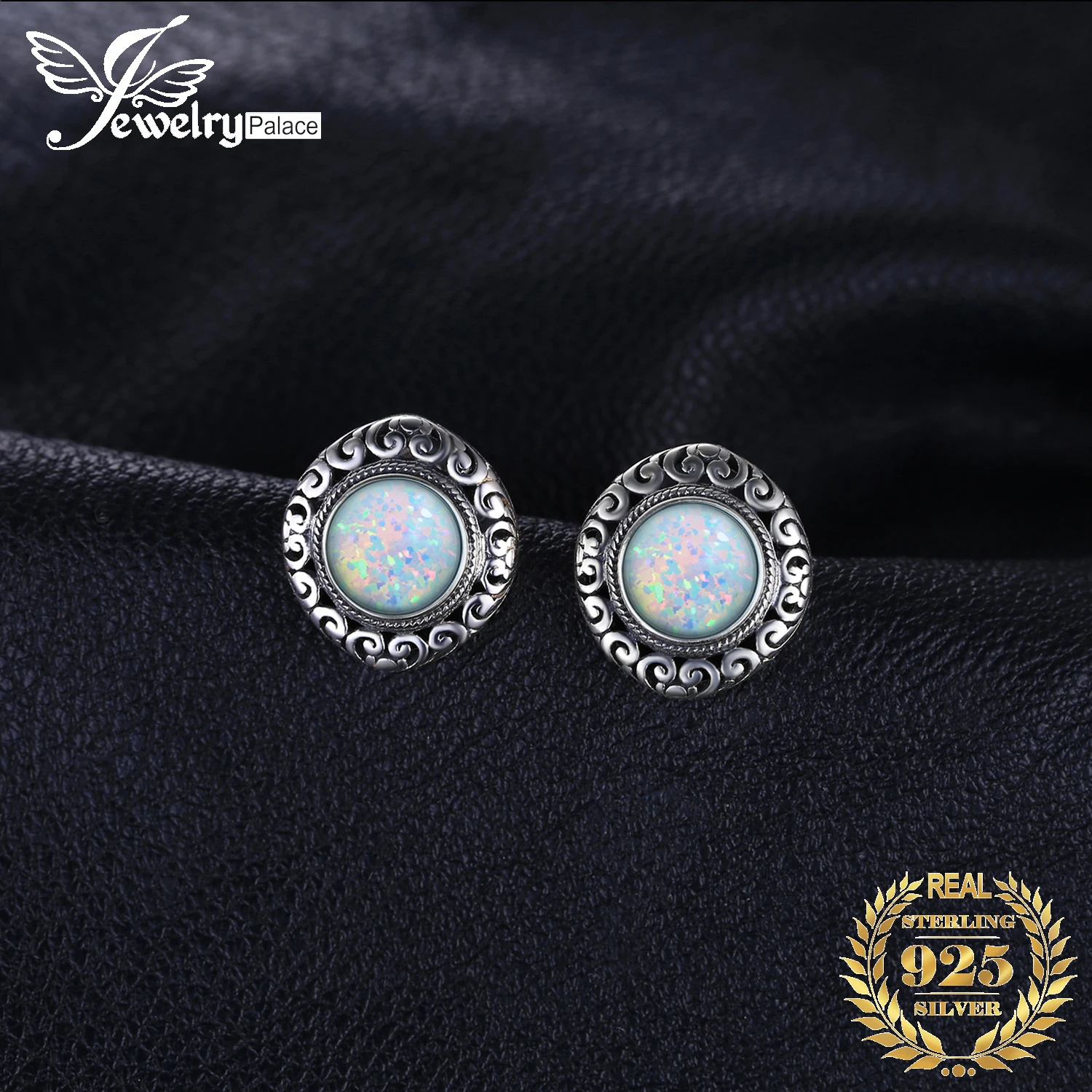 

JewelryPalace Round Cabochon Created Opal 925 Sterling Silver Stud Earrings for Women Vintage Hollow Heart Gemstone Earrings