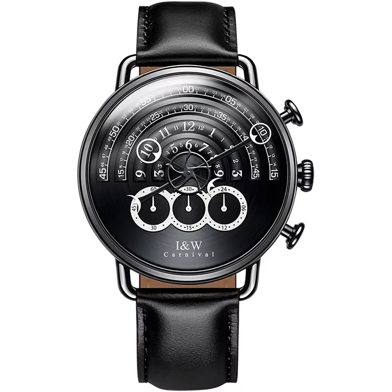 I&W Fashion Quartz Watches for Man Unique Runway Dial Chronograph Watch Sapphire Glass Leather Band Waterproof Relogio Masculino
