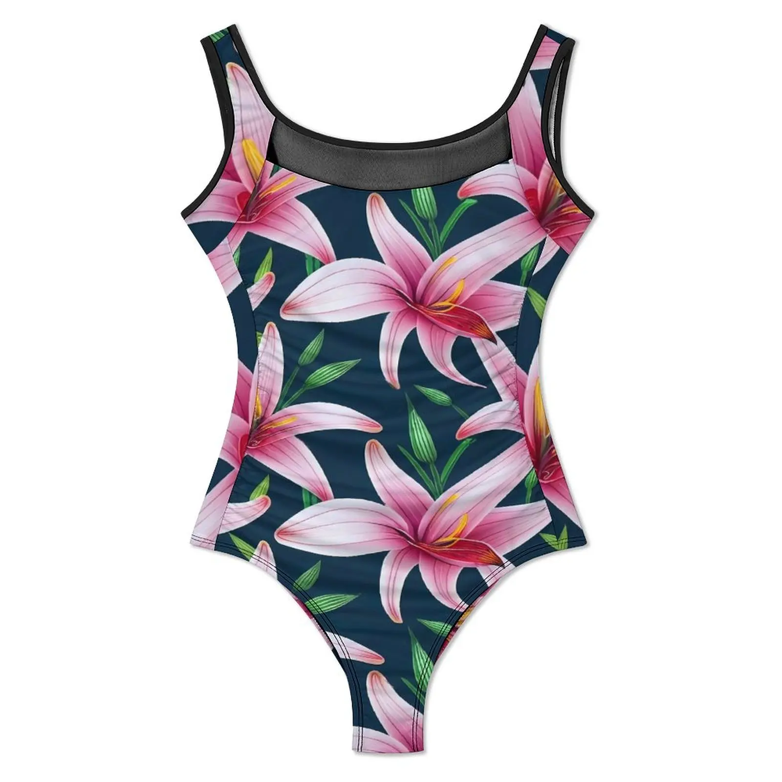 Lily Floral Swimsuit Sexy Pink Flowers One Piece Swimwear Push Up Bodysuit Classic Beach Bathing Suit