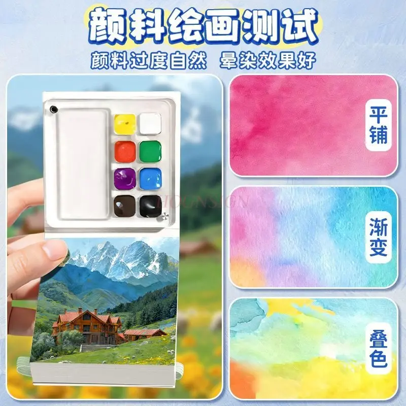 Mini watercolor paint acrylic box for easy access, hand in hand with account book, sketching, traveling, painting, coloring