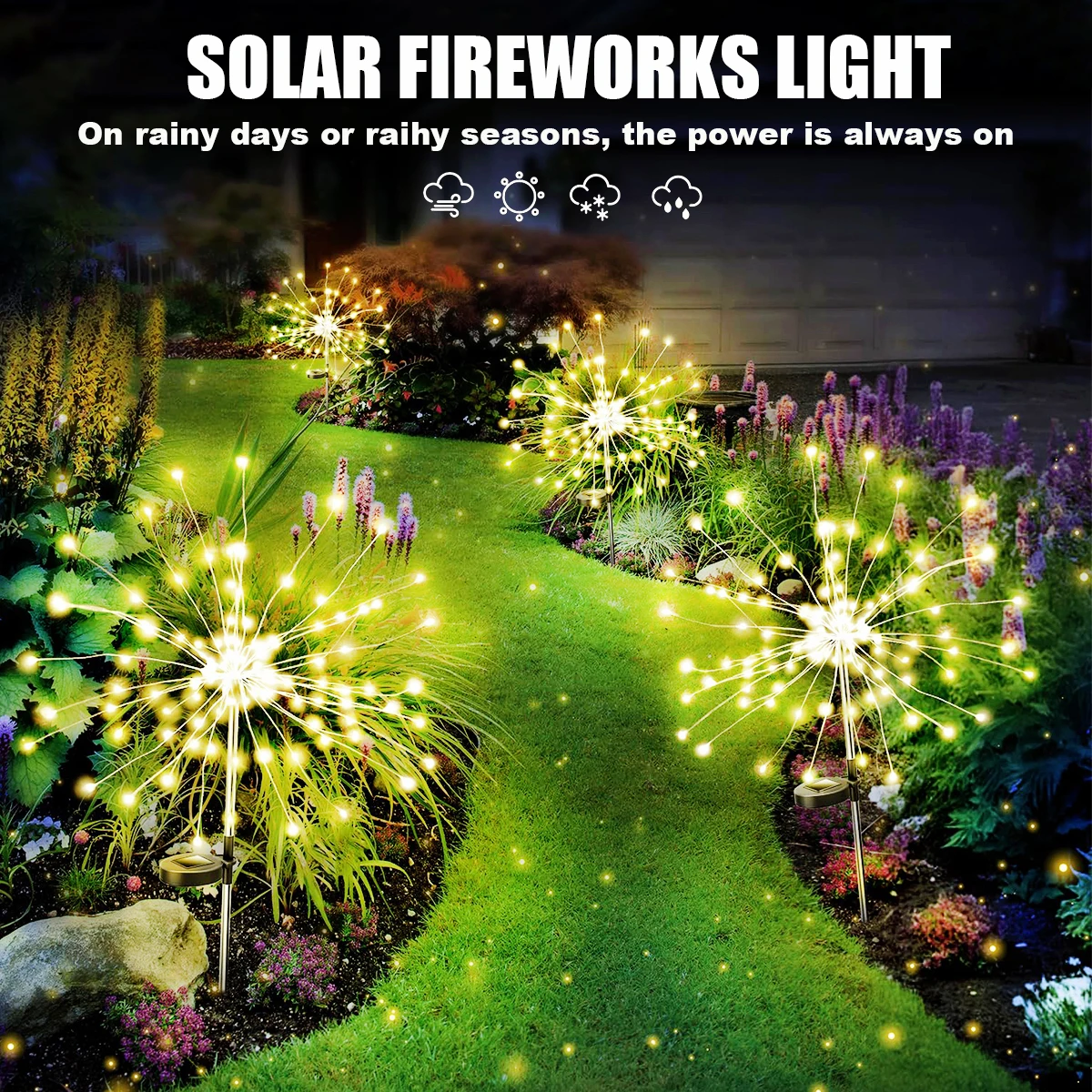 Luces de fuegos artificiales solares impermeables IP65, luces de hadas de jardín, 8 modos de iluminación, 420/300/200/60LED, luz de césped plegable, decoración DIY