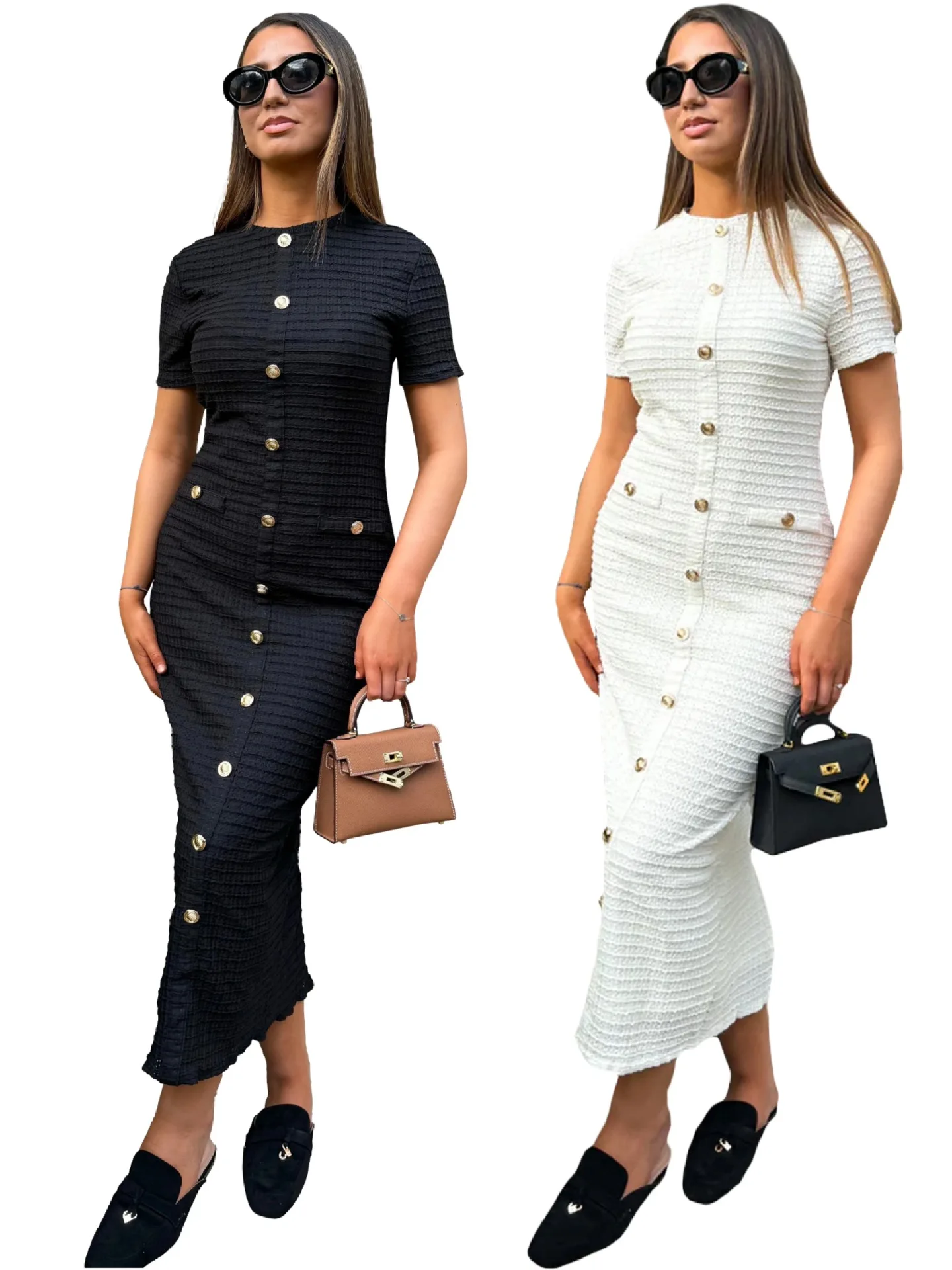 CHAXIAOA Womens Dresses 2025 Solid Color Vintage Slim-Fit Flattering Knitted Casual Daily Long Elegant Party Dresses