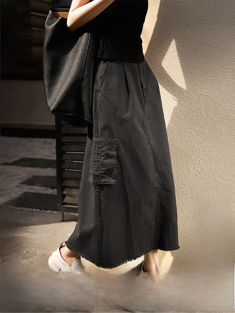 

Юбка Xhange миди А-силуэта из денима и хлопка, серия Mountain, плиссированная, с бахромой, в стиле рабочей одежды, для лета, для работы, в стиле OL